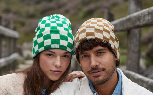 B531 Checkerboard Beanie in two different colours being worn by  aMan and Woman