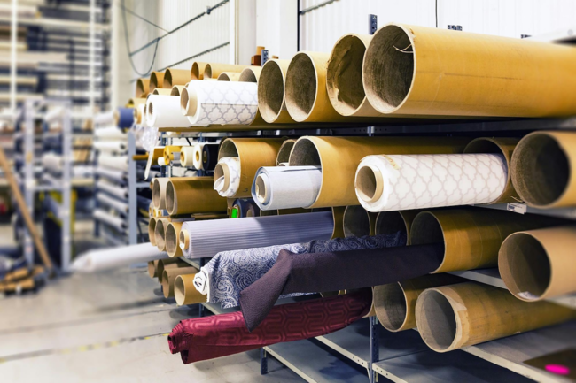Tubes of fabric rolled up next to a wall